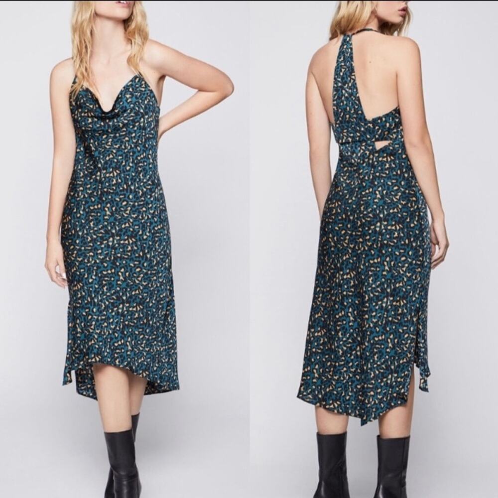 BCBGeneration Stardust Cheetah Animal Print Cocktail Medi Dress Blue Green Sz L